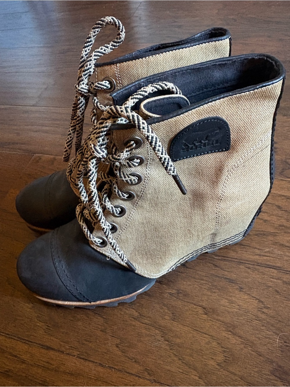 Sorel Women's Lace-Up Canvas Wedge Boots in Tan and Black